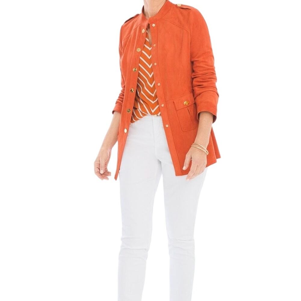 Chicos Womens Faux Suede Long Sleeve Orange Utility Jacket Chicos Size 0/4 - Picture 7 of 14